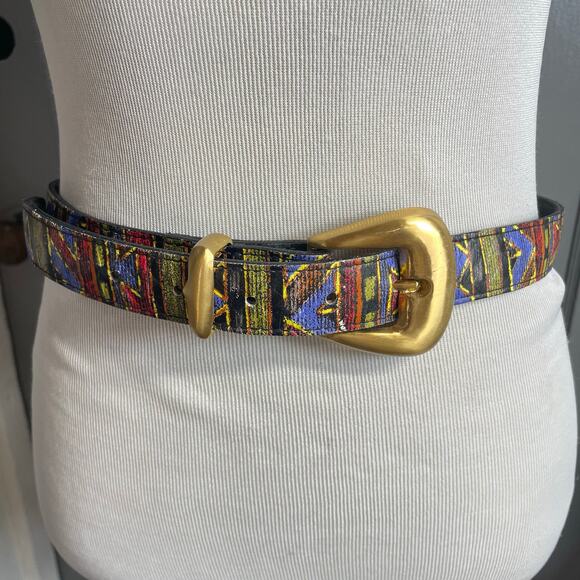 The Limited Accessories - VTG The Limited Leather Belt Multicolor Abstract Geometric Statement Gold Buckle